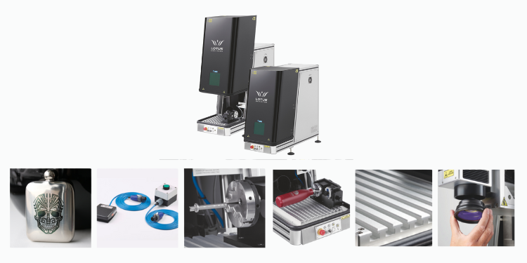 Lotus uMeta fiber laser marking machine with accessories and engraving samples for metal and plastic parts, ideal for logos, serial numbers, coding and rotary marking