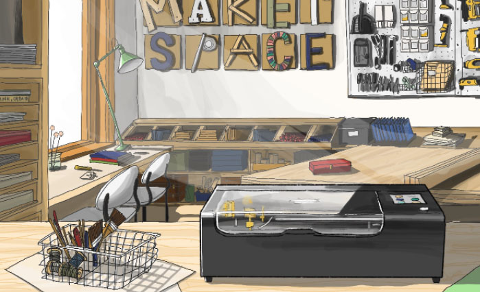 Illustrated scene of a maker studio with Flux laser machine in the foreground